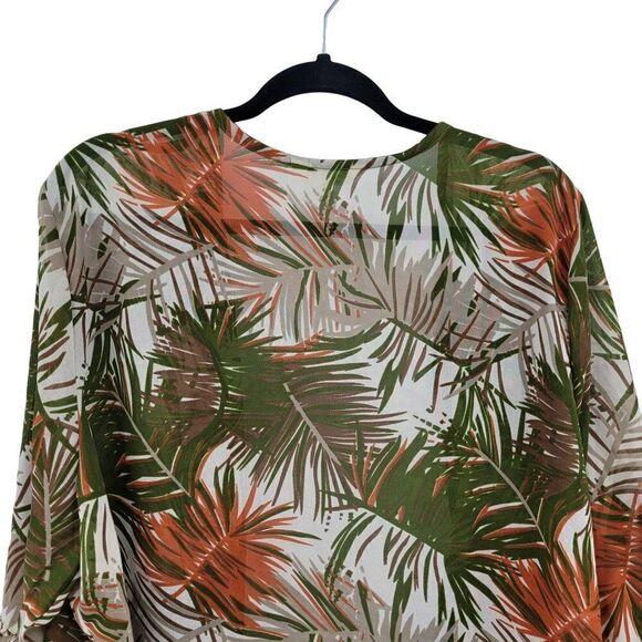 Vintage 80's Tantrums Kimono Coverup XL Green Sheer Botanical Camo Ruffle Cuff - Picture 9 of 13